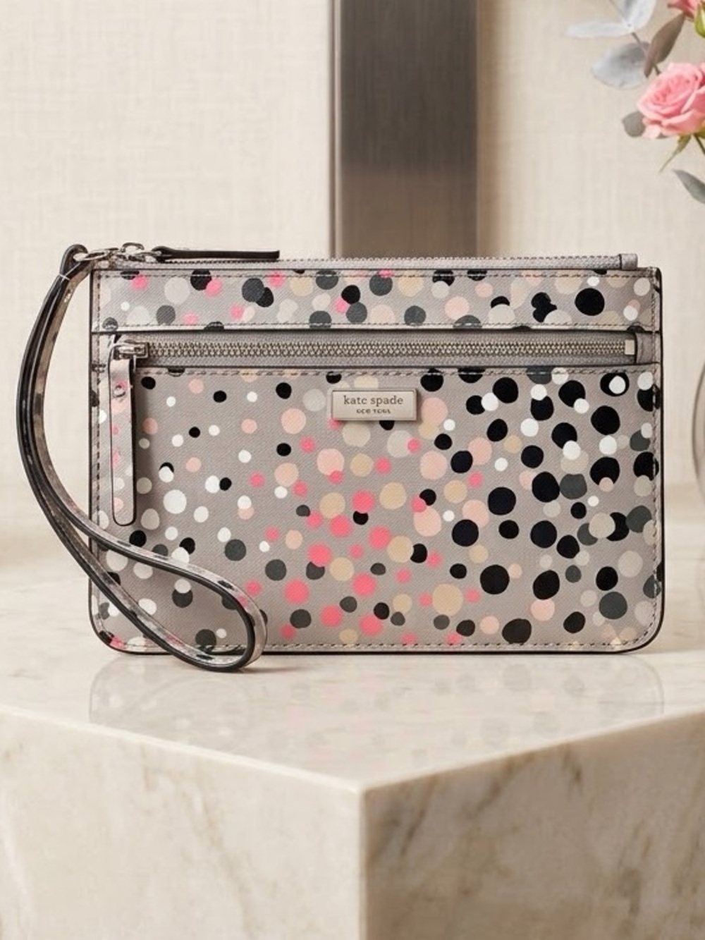Kate Spade TInie Shore Street Soiree Dot Grey multi color Wristlet New W/O Tags